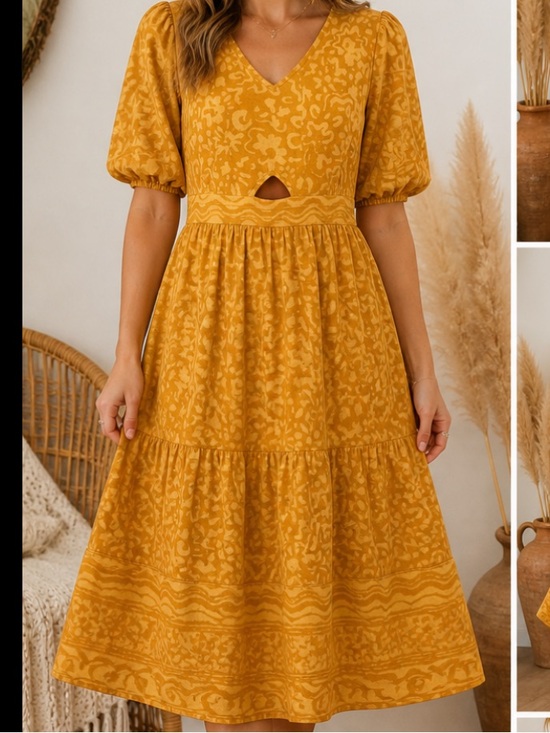 FabNu Dresses & Skirts - FabNu Mustard Yellow Cutout Midi Dress Puff Sleeve Boho Cottagecore Large Artsy